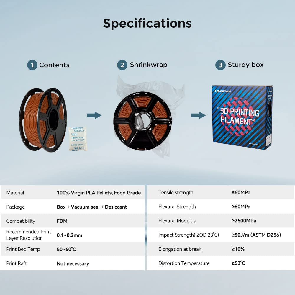 FLASHFORGE 3D Printer Filament, PLA PRO Filament 1.75mm, 1KG Spool (2.2lbs), Dimensional Accuracy +/- 0.02mm for FDM 3D Printers, Better Tenacity & No Knotting (Brown) FLASHFORGE