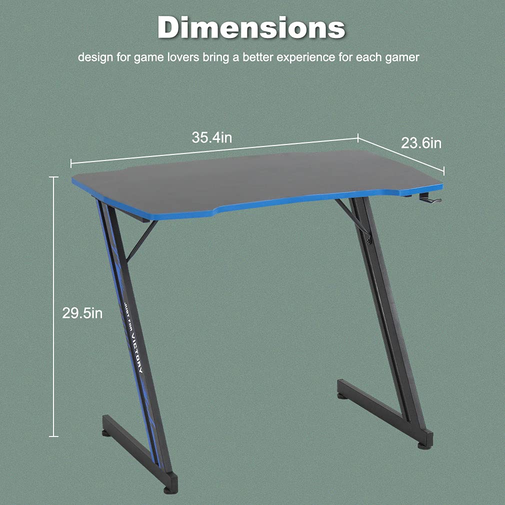 Gmaing Desk 35.4in PC Computer Desk, Blue Ergonomic Gaming Table Z Shaped Gaming Workstation with Headphone Hook for Home Office,Blue BestOffice