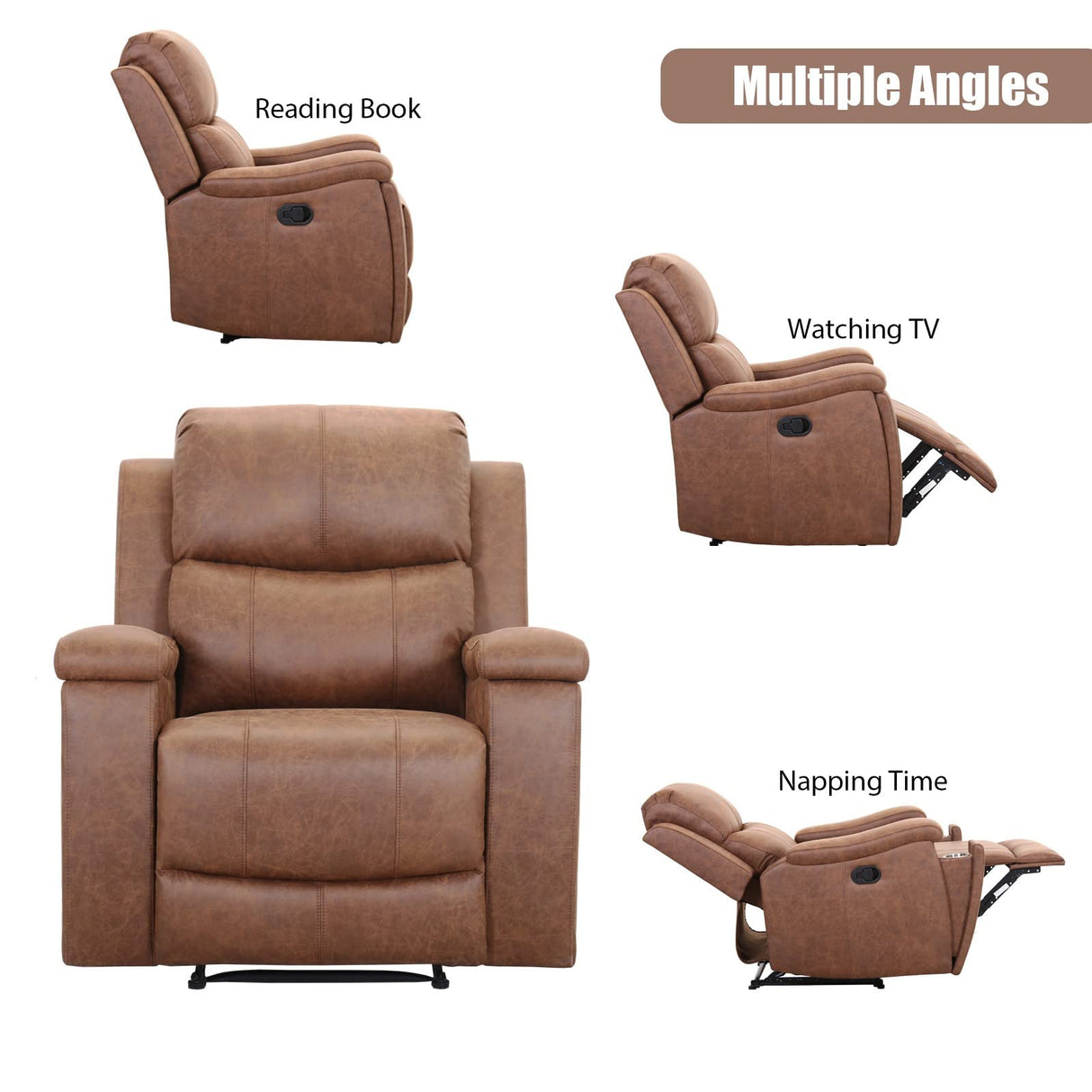CANMOV Leather Recliner Chair, Classic and Traditional Manual Recliner Chair with Overstuffed Arms and Back, Manual Single Sofa with Concealed Cup Holders, Brown CANMOV