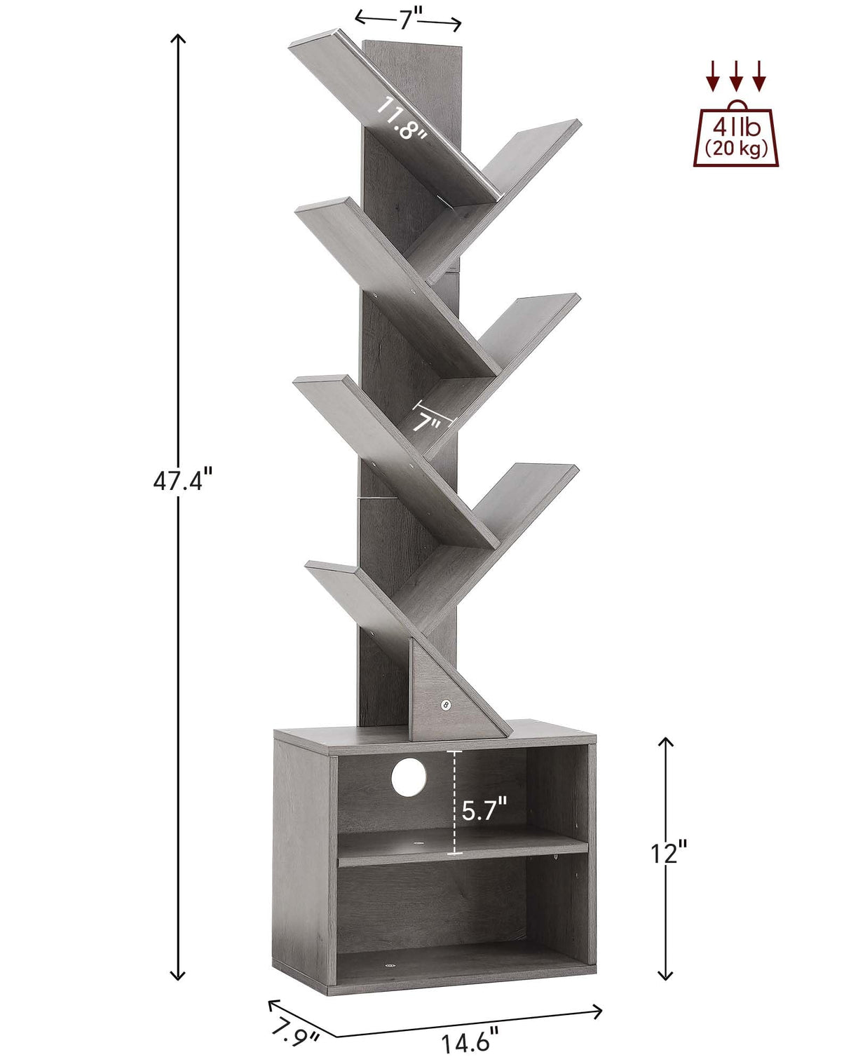 SUNMORY 6 Tier Tree Bookshelf, Tall Bookcase with Storage Cabinet, Modern Narrow Bookshelves Organizer, Floor Standing Book Shelf for Bedroom/Living Room/Home Office/Corner, Grey SUNMORY