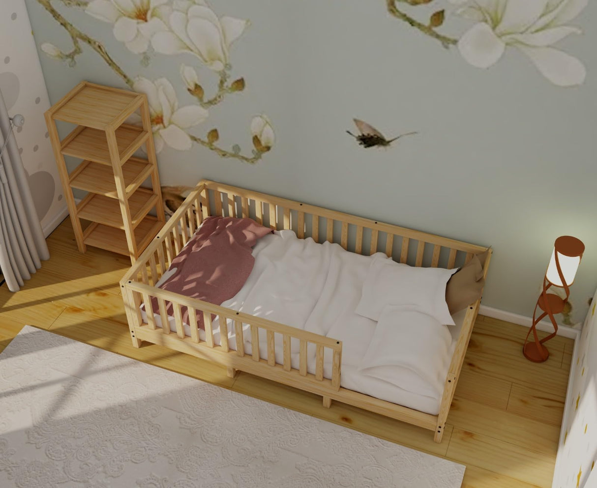 Montessori Floor Bed Designed with Open Front for Girls and Boys | Pine Wood Natural Solid Frame Bed Footed Model with Slats | Sturdy Designed Floor Bed Frame for Kids (Twin, Height : 23 Inches) wood and montessori