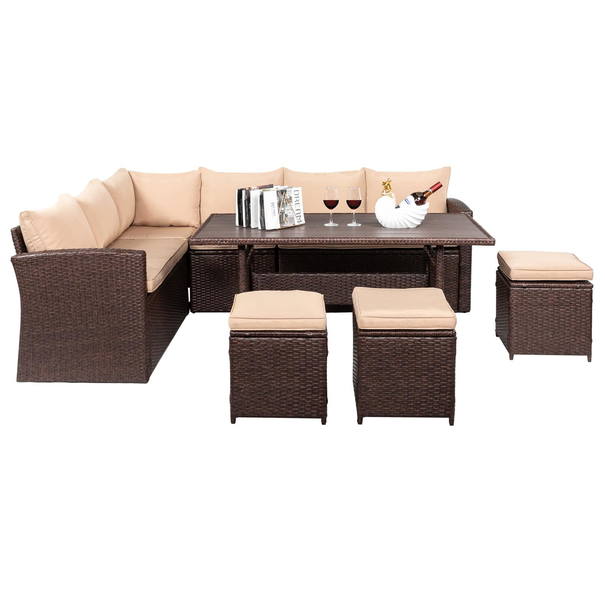 VINGLI 8 Pieces Outdoor Patio Furniture Set with Dining Table&Chairs, Wicker Patio Dining Set for 8, All Weather Outdoor Sectional Sofa Conversation Set with Ottoman VINGLI