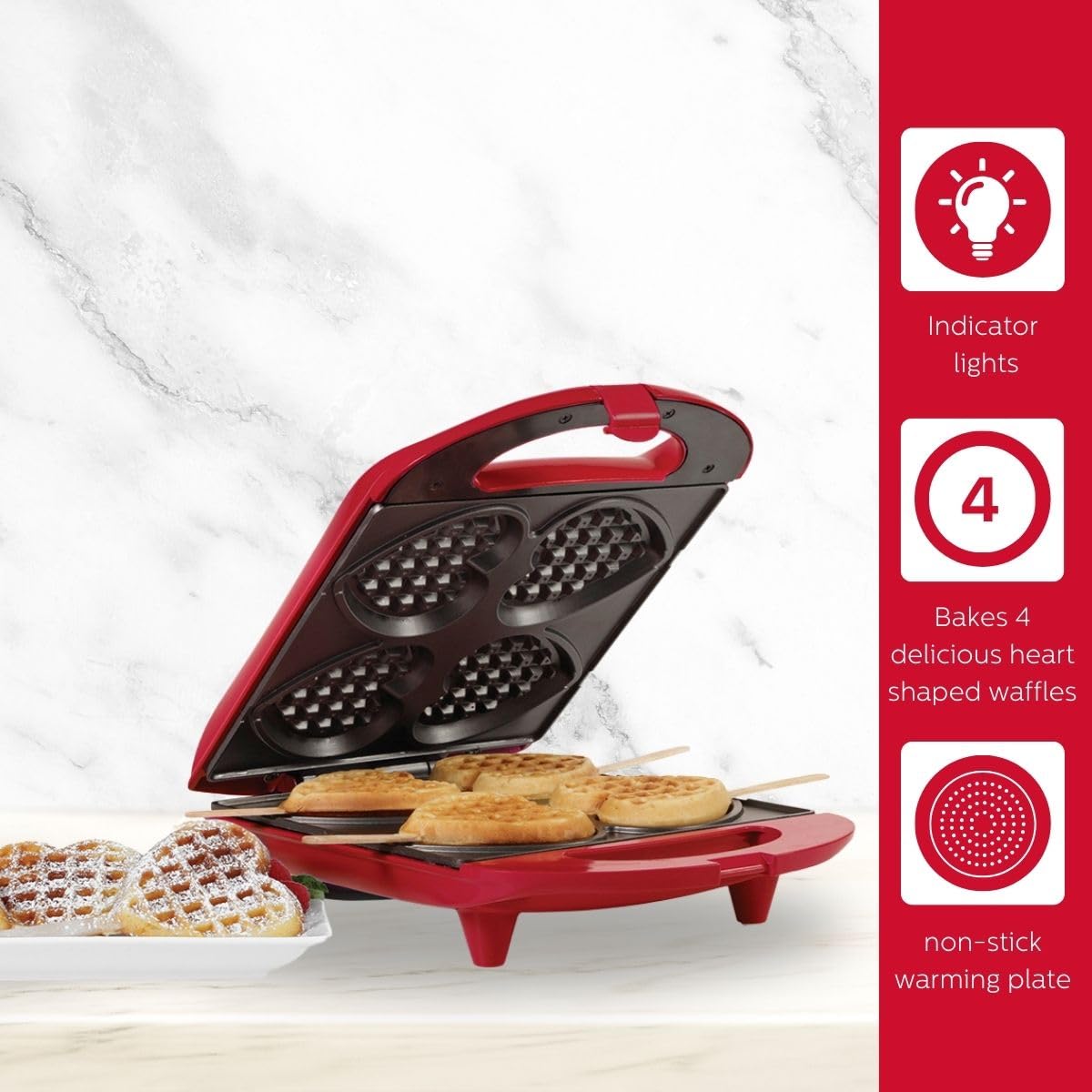 Holstein Housewares - Non-Stick Heart Waffle Maker, Red - Makes 4 Heart-Shaped Waffles in Minutes Holstein Housewares