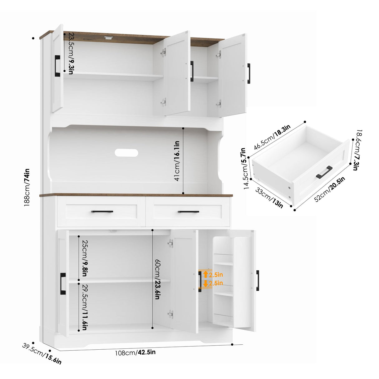 FACBOTALL Tall Kitchen Pantry Cabinet, Farmhouse Food Pantry Cabinet with Doors and Adjustable Shelves, Kitchen Hutch with Countertop and Microwave Stand for Dining Room, Living Room, White FACBOTALL