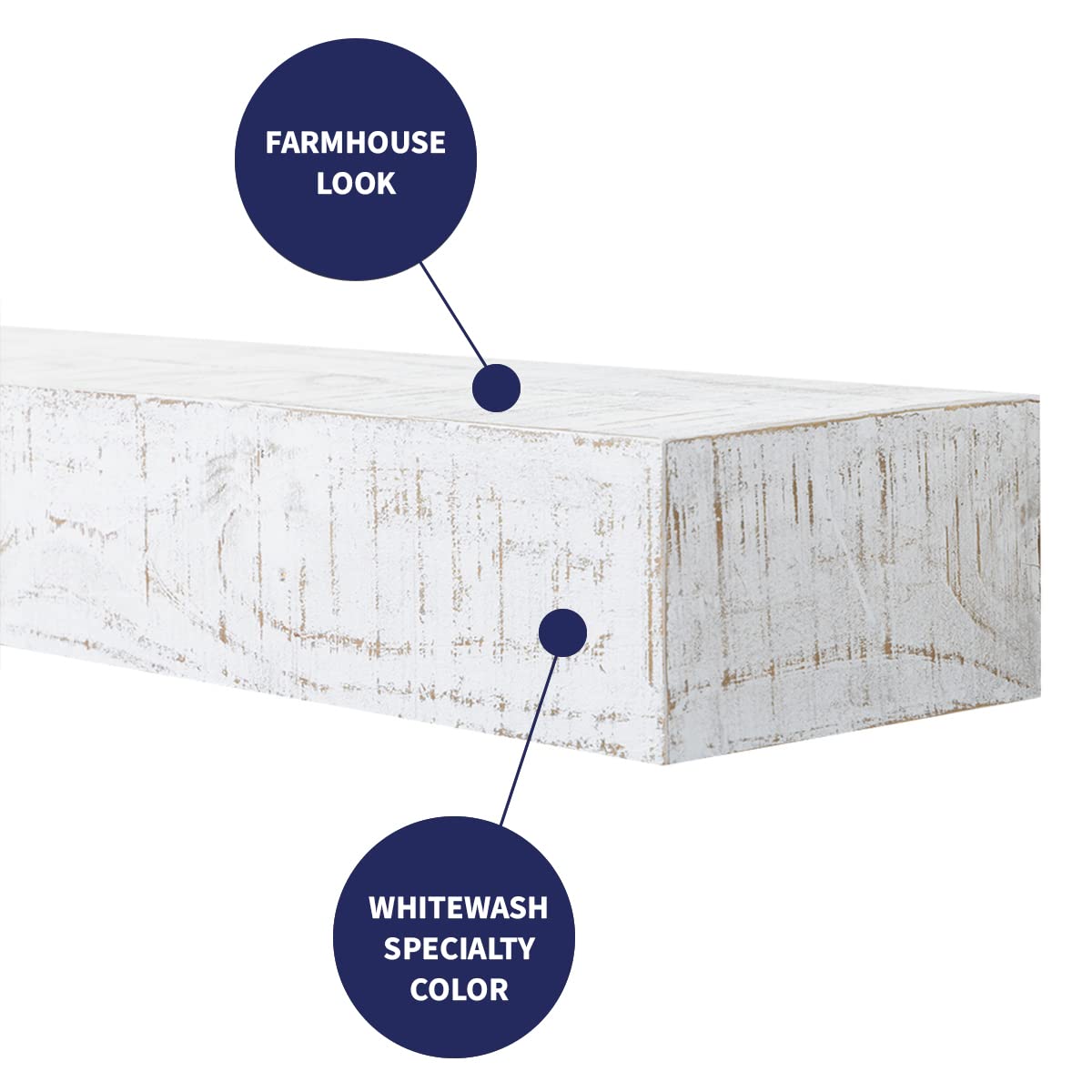 Country Living Hatteras Floating Wood Fireplace Mantel Shelf - Whitewash 72 inch Wooden Farmhouse Floating Pine Beam for Electric Fireplaces, Hearths, and Décor Country Living