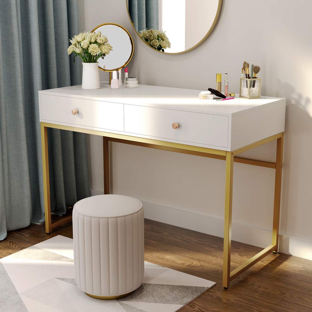 Tribesigns Computer Desk, Modern Simple 47 inch Home Office Desk Study Table Writing Desk with 2 Storage Drawers, Makeup Vanity Console Table, White and Gold Tribesigns