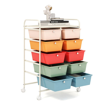 GOFLAME 10-Drawer Rolling Storage Cart, Art Craft Storage Organizer on Wheels, Multipurpose Movable Utility Cart for School, Office and Home, Macaroon Color