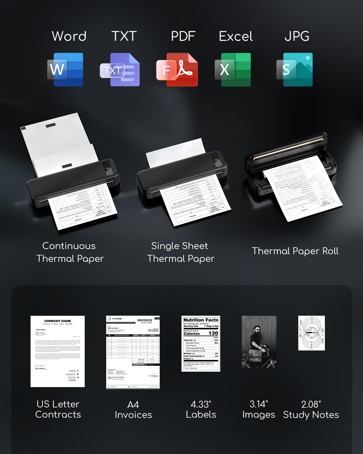 Portable Printers Wireless for Travel, Inkless Thermal Printer, Bluetooth Mobile Printer Support 8.5" X 11" Letter & A4 Size, Compatible with iPhone Android Laptop, Compact Printer for Home Car Office TATTMUSE