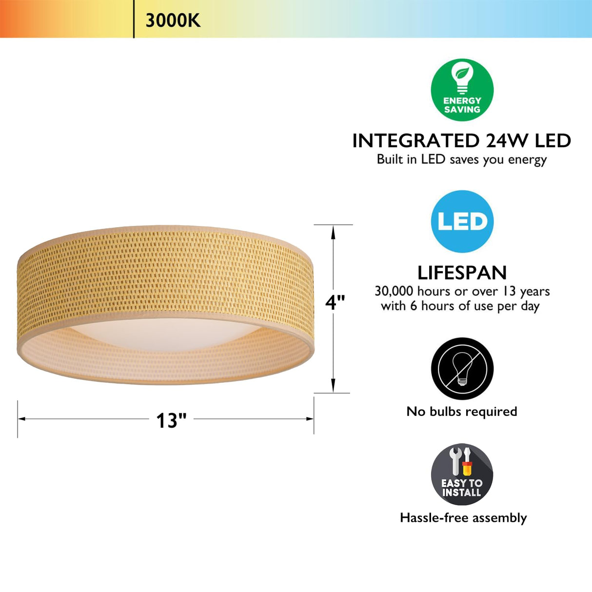 CALOKES 13" Woven Rattan-Style Boho Flush Mount Ceiling Light, LED 24W 3000K Closed to Ceiling Light Fixture with Classic Linen Drum Design for Bedrooms, Kitchen, Dining Room, Hallway CALOKES