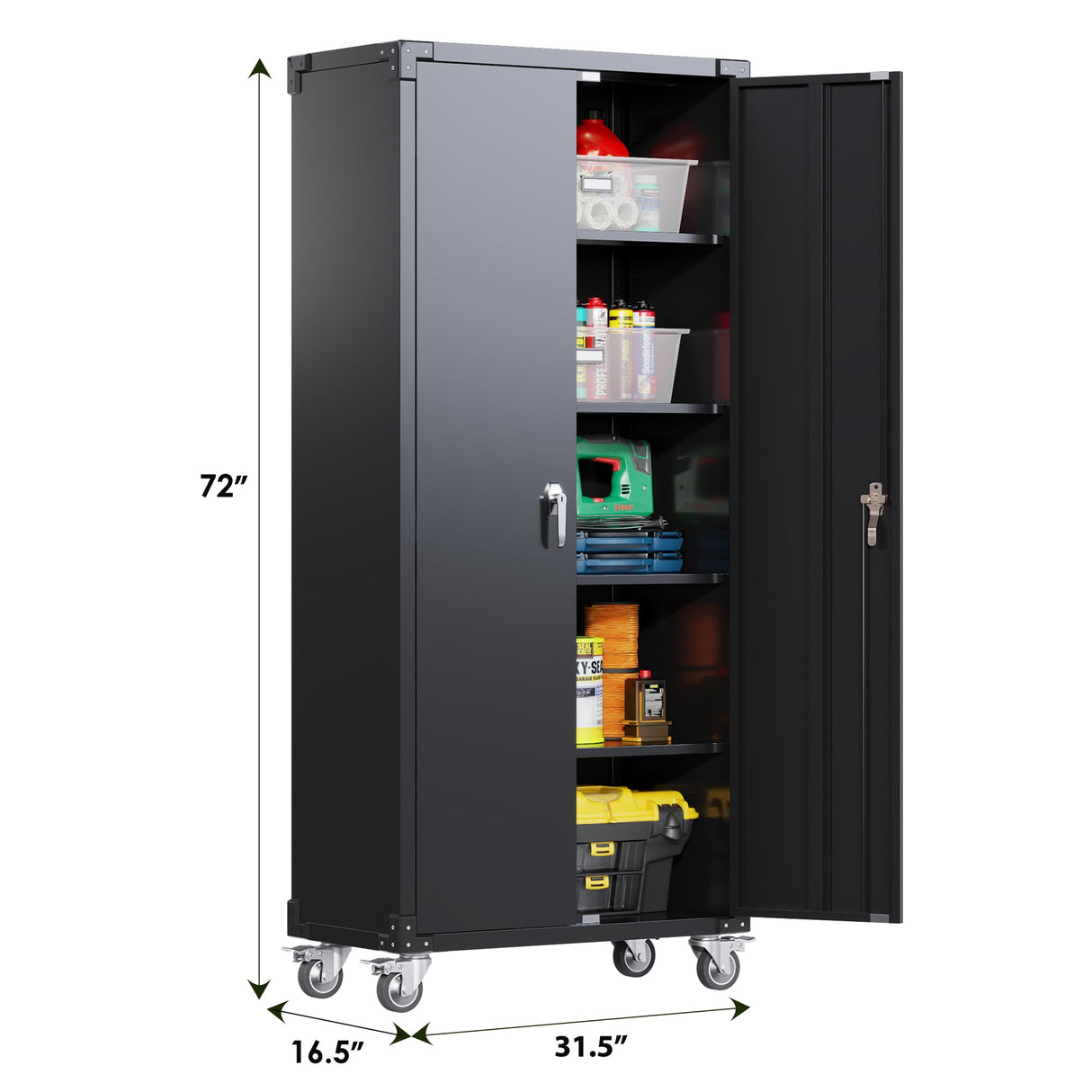 UINSOO 72" Tall Black Metal Storage Cabinet with Wheels, Rolling Storage Garage Cabinet with Adjustable Shelves and Door for Garage, Office, Kitchen, Laundry Room, Assembly Required UINSOO
