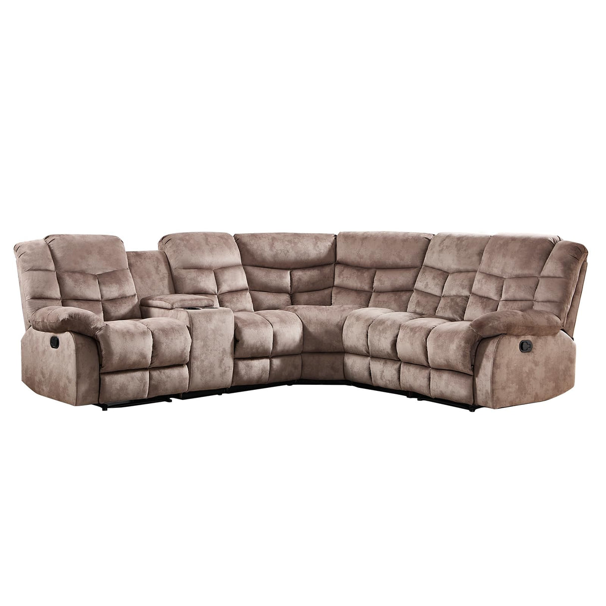 EBELLO Manual Reclining Sectional Sofa Set for Living Room, Soft Fabric Recliner Corner Sectional Couch with Center Console, Cup Holder and Storage, Brown EBELLO
