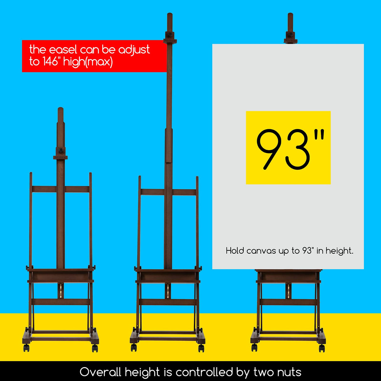 MEEDEN Extra Large Studio H Frame Easel 75" to 146"H, Hold Canvas up to 93", Heavy Duty Adjustable Art Painting Easel, Solid Beech Wood Artist Easel Stand with Storage Tray & 4 Wheels, Light Walnut MEEDEN