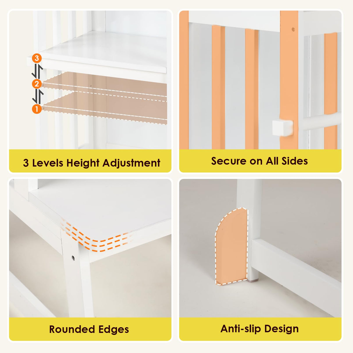 3 Height Adjustable Kids Step Stool, A-Shaped Structure Kids Standing Tower, Wooden Toddler Tower, Kids Standing Tower Aged 18-36 Months,with Safe Fences,Anti-Slip Pads Suit in Kitchen/Bathroom,White KIDINIX