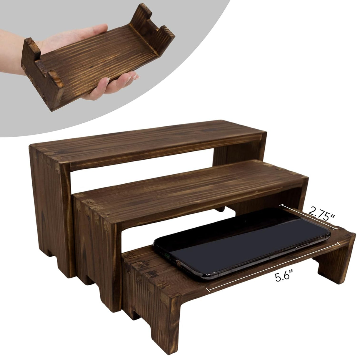 Yikaroeli Display Risers-3 Tier Wood Risers Decorative Rectangular Display Stands Arranging and Showcasing your favorite items(6-piece Set) (Brown Wood) Yikaroeli