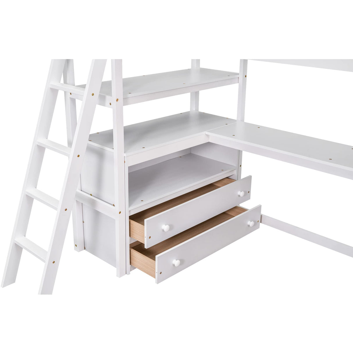 MERITLINE Twin Loft Bed with Desk, Storage Drawers and Shelves in White MERITLINE