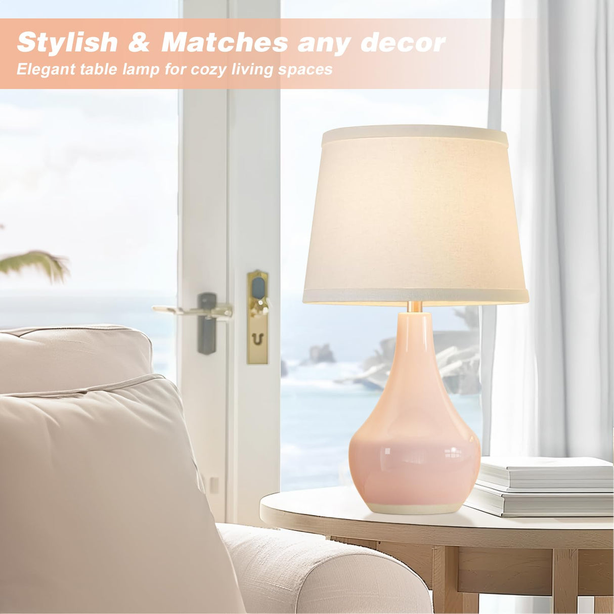 Seealle 19.4" Modern Ceramic Table Lamps for Night Stands - Bedside Lamps Set of 2 for Nightstand, Pink Bedroom Lamp for Living Room Cute Desk End Table Office Guest Room Dresser Rocker Swtich Seealle
