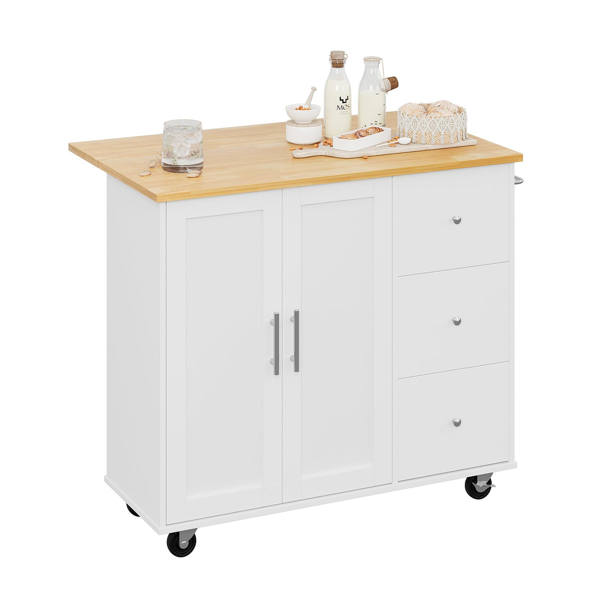 Shintenchi Rolling Kitchen Island Cart with Folding Drop Leaf Breakfast Bar, Portable Trolley Island with Large Storage Cabinet, Shelf and Drawer, White Shintenchi