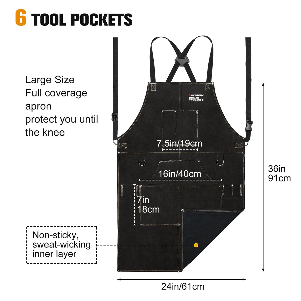 ARCCAPTAIN Leather Welding Work Apron 24" X 36" Heat Flame Resistant Cowhide Blacksmith Aprons with 6 Tool Pockets for Welders Men Women, Adjustable M to XXXL-Black ARCCAPTAIN