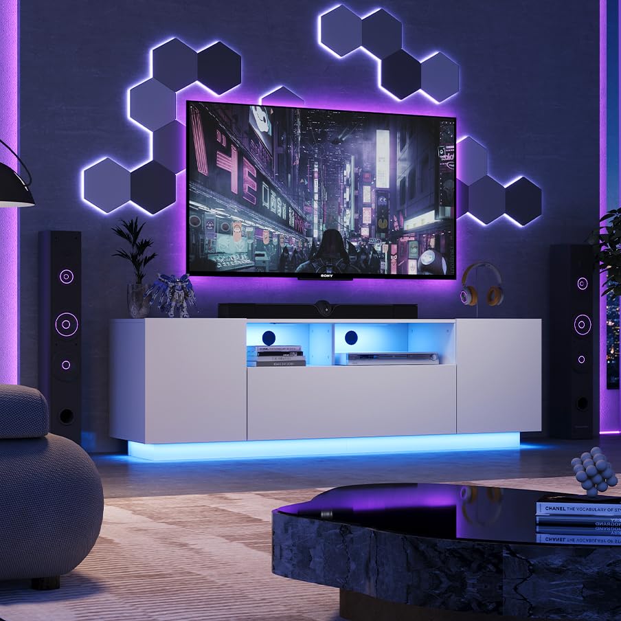 WLIVE TV Stand for 65 Inch TV, Modern Entertainment Center with LED, 58" TV Console with Storage Cabinet, TV Stands for Living Room, White WLIVE