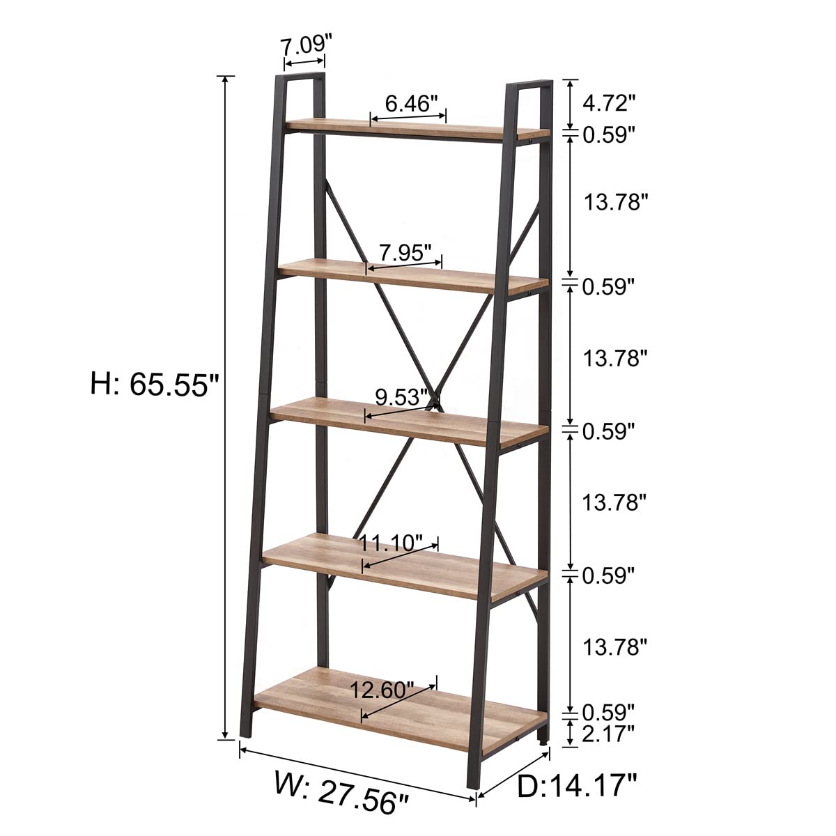 BON AUGURE Industrial 5 Tier Ladder Bookshelf, Wood and Metal Ladder Shelf Bookcase, Farmhouse Leaning Shelves for Living Room (Vintage Oak) BON AUGURE