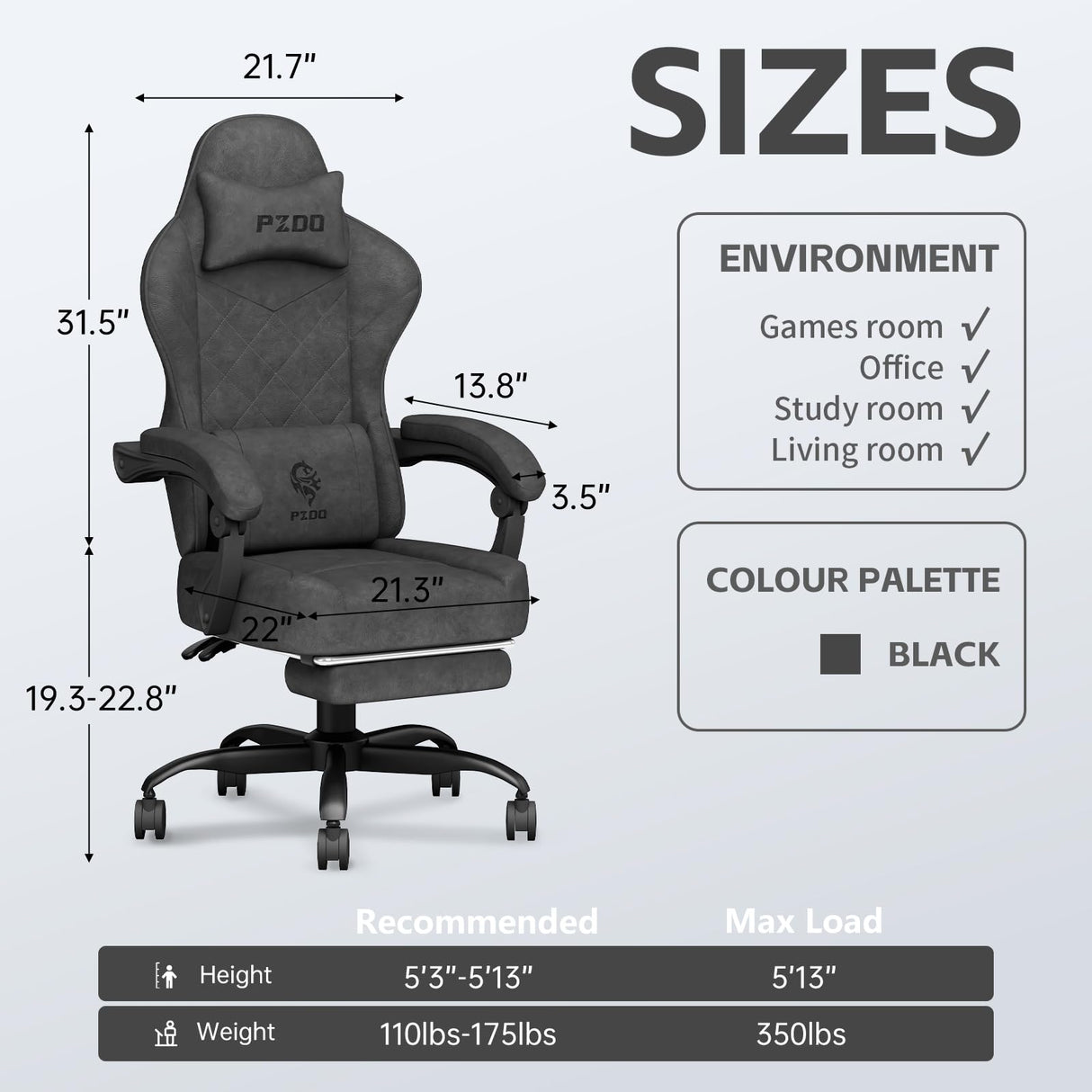 PZDO Gaming Chair, Gaming Chairs for Adults with Footrest, Lumbar Support, Fabric Computer Office Chair, High Back PC Chair Ergonomic Gamer Chair with Wide Cushion, Recliner, 300LBS, Teens, Black PZDO