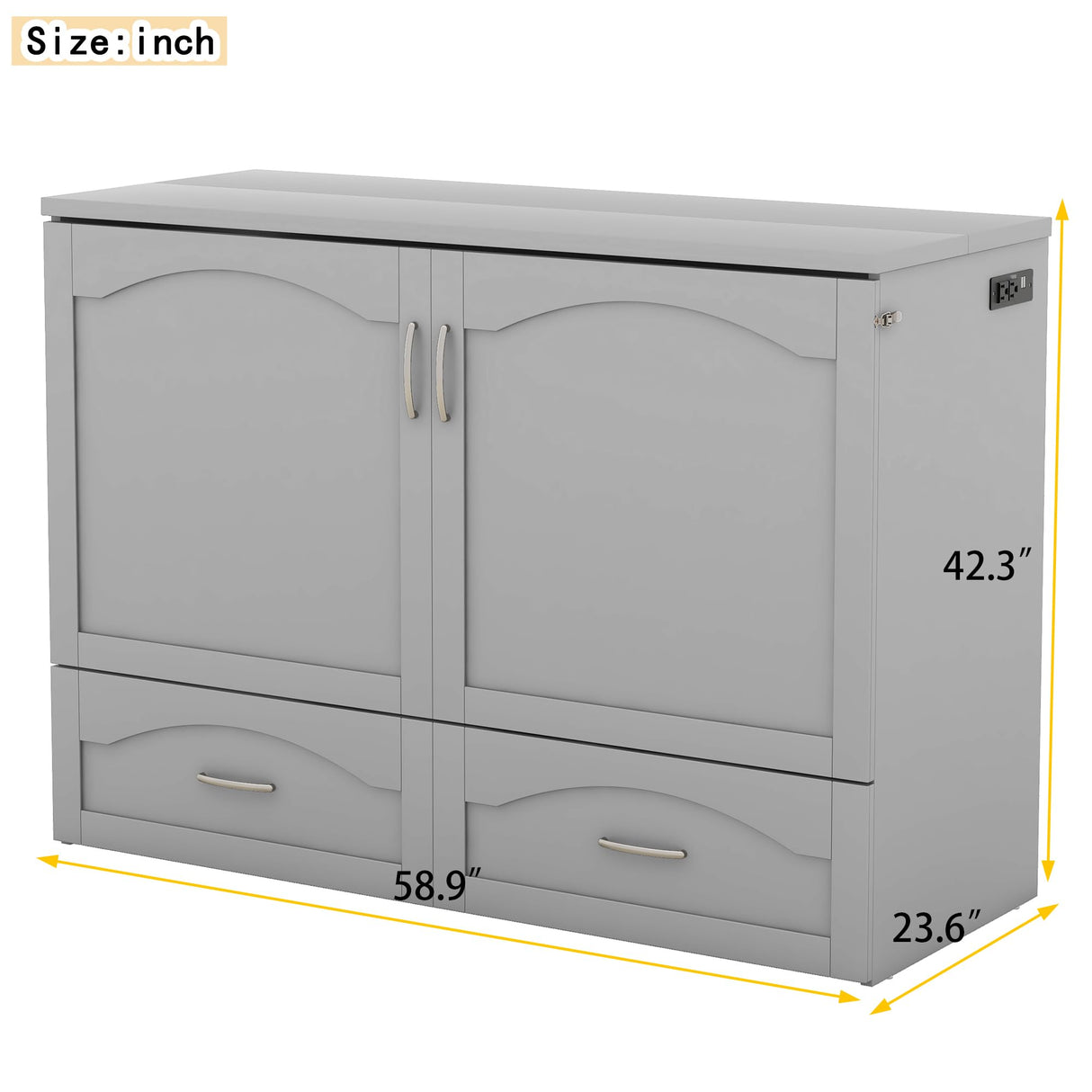 MERITLINE Full Size Murphy Bed Wall Bed with Storage Drawer and a Set of Sockets & USB Ports, Space-Saving for Multipurpose Guest Room or Home Office, Gray MERITLINE