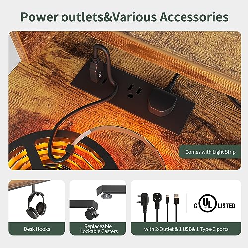 FEZIBO Triple Motor L Shaped Stadning Desk with LED Strip & Power Outrlets,63 inches Height Adjustable Stand up Corner Desk with Ergonomic Monitor Stand, Black Frame/Rustic Brown Top FEZIBO