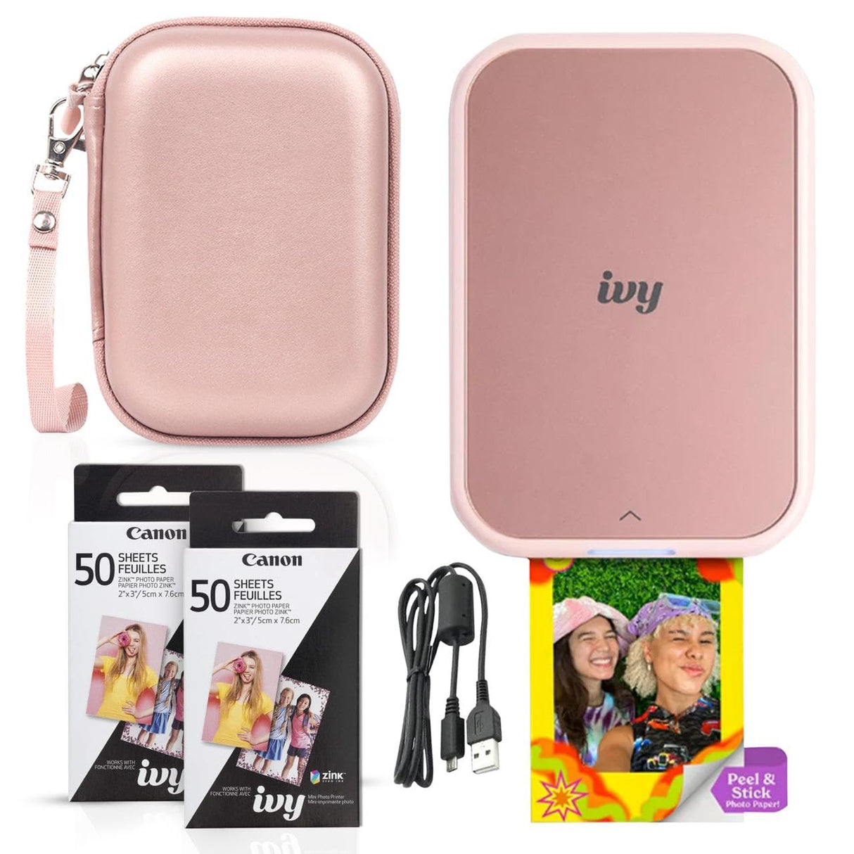 Canon Ivy 2 Mini Photo Printer (Blush Pink) - Bluetooth, Print from iOS & Android Devices, Bundle Incl. 110 Zink Sticky-Back Prints, LED Light Bar, Protective Case, and USB Cable Canon