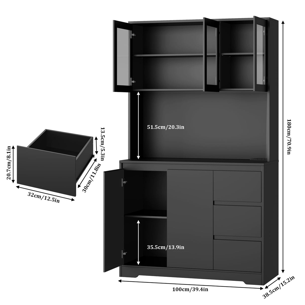 Finetones 71" Modern Black Kitchen Pantry Cabinet with LED Lights and Charging Station finetones