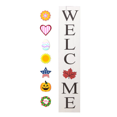 ALBEN Welcome Sign for Front Door Porch with Ornamental Tiles - 8 Interchangeable Seasonal Tiles, Celebrate Holidays and Seasons, Vertical Wooden Outdoor and Indoor Welcome Home Decor Sign (White)