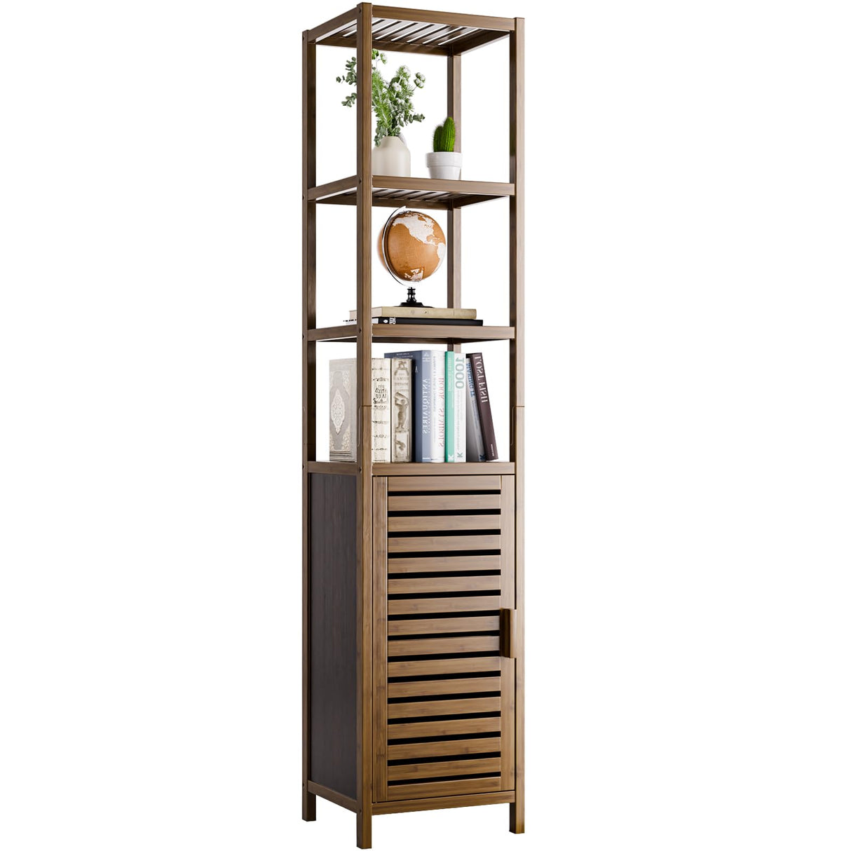 HITNET Bathroom Cabinet, Bamboo Floor Cabinet Freestanding Narrow Storage Unit with Removable Shelves, 6 Tier Tall Cabinet, Walnut HITNET