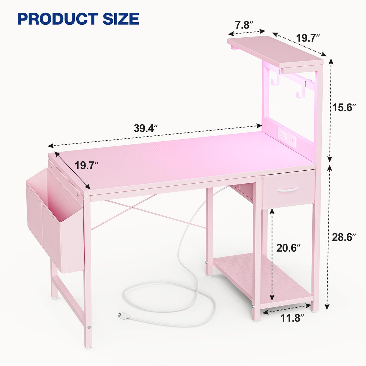 Grandder Gaming Desk 40 Inch with Power Outlet and LED Light, Computer Desk with Reversible Shelves and Storage Drawer, Pc Small Desk for Home Office Table with Bag, Carbon Fiber Pink Grandder
