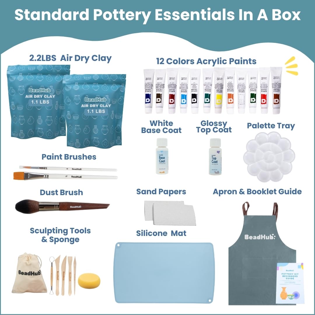 Pottery Kit for Beginners 2.2Lbs Air Dry Clay for Adults with Sculpting Tools, Paint, Glaze, Air-Dry Modeling Clay Molding, Sculpt & Painting Set, Hobby Date Night DIY Art Craft Kits -Standard (White) BeadHub