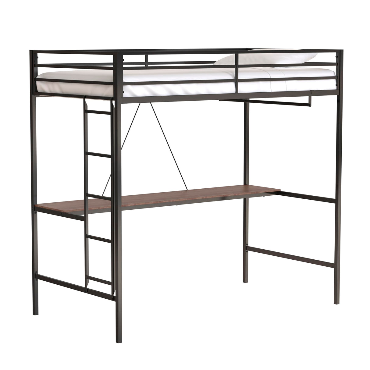 Twin Size Loft Bed with Desk and Closet Rod for Kids,Heavy Duty Loft Bed Frame with Safety Guardrail, Loft Metal Bunk Bed Twin Size, Space-Saving, Noise Free,Black Bellemave