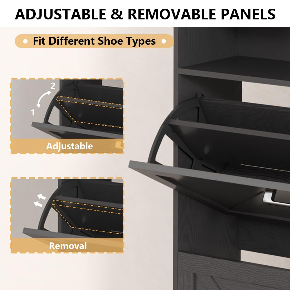 Shoe Cabinet with 2 Flip Drawers, Freestanding Hidden Shoe Storage Organizer for Entryway, Narrow Slim Shoe Rack Cabinet with Open Storage & Hooks for Front Door Entrance, Living Room, Hallway, Black Xixini