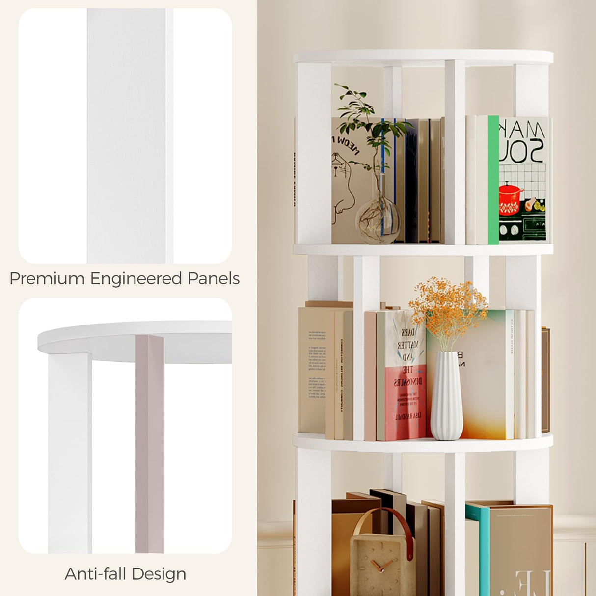 MAHANCRIS 4-Tier Rotating Bookshelf, 360° Spinning Bookshelf Tower, Floor Standing Round Revolving Bookcase, Display Rack for Books, CDs, for Living Room, Study, Bedroom, White BKWT6401 MAHANCRIS