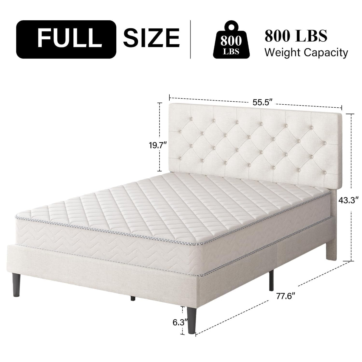 HOMBCK Full Bed Frame with Headboard, Linen Fabric Upholstered Bed Frame Full, White Bed Frame with Wood Slats, Button Tufted, No Box Spring Needed, White HOMBCK