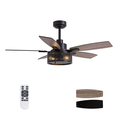 46 Inch Ceiling Fans with Lights and Remote Control, Farmhouse Ceiling Fan for Bedroom Living Room and Patio, Black Caged Ceiling Fan for Indoor and Outdoor