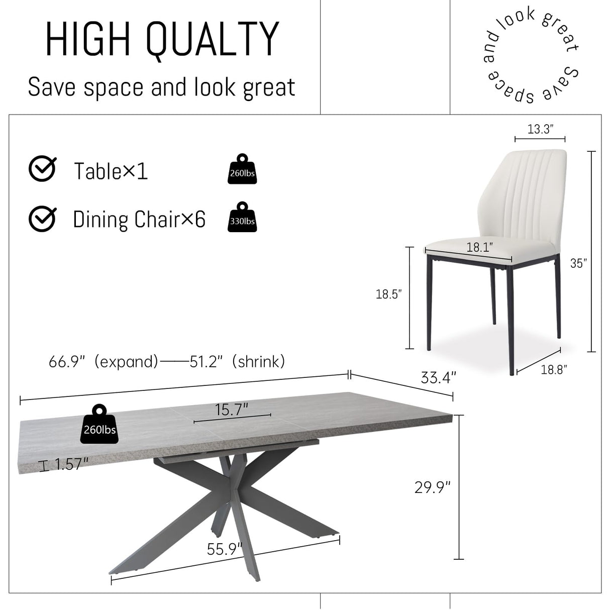 ZckyCine 6-8 People Modern Dining Table Rectangular Kitchen Dining Table Space-Saving Expandable Dining Table Metal Frame (Gray Table + 6 White Chairs) ZckyCine