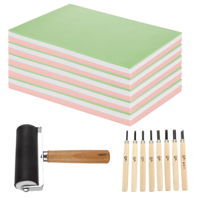 WOPPLXY 10 Pack 6" x 4" Rubber Block Stamp Carving Blocks Stamp Making Kit with Cutter Tools and Rubber Brayer Roller, Rubber Stamp Making Kit for Printmaking, Printing and More