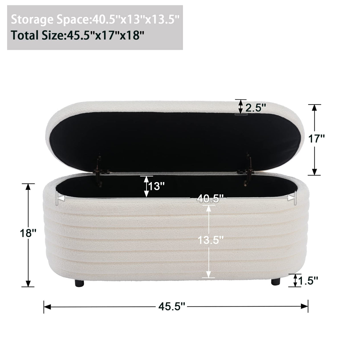 DM Furniture Storage Teddy Ottoman Bench Upholstered Fabric Storage Bench End of Bed Stool with Safety Hinge for Bedroom, Living Room, Entryway, Closet(44.5-inch, White) DM Furniture