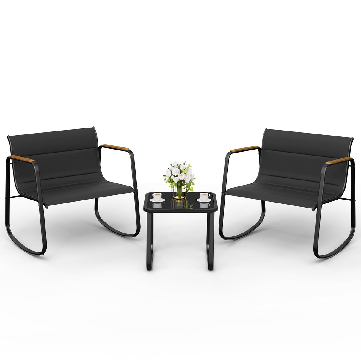 Amopatio Outdoor Table and Chair Set 3 Piece, Patio Rocking Chair, Breathable Textilene Fabric Patio Furniture Set for Porch, Poolside, Deck, Outdoor Terrace, Balcony, Garden,Black Amopatio