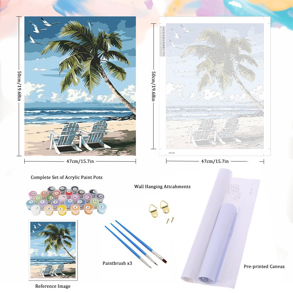 Natuyalo Paint by Numbers Kit for Adults - Beach DIY Adult Paint by Number Kits Seascape Acrylic Canvas Painting for Adults Beginners Kids Art Crafts Without Frame, 16x20 Inch Natuyalo