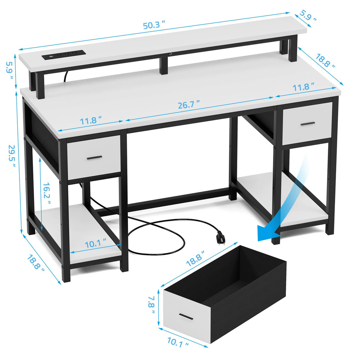 GreenForest Computer Desk 50 Inch with Monitor Stand and LED Lights, Gaming Desk with 2 Fabric Drawers and Power Outlets, Office Desk with Shelves, White GreenForest