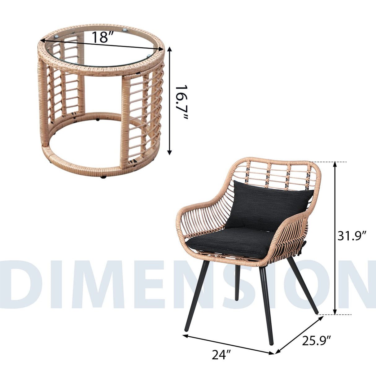 JOIVI 3 Piece Patio Bistro Set, Wicker Outdoor Patio Set with Enhanced Comfort Seating, Round Glass Top Coffee Side Table, Patio Rattan Conversation Set for Balcony, Lawn, Garden, Backyard, Black JOIVI