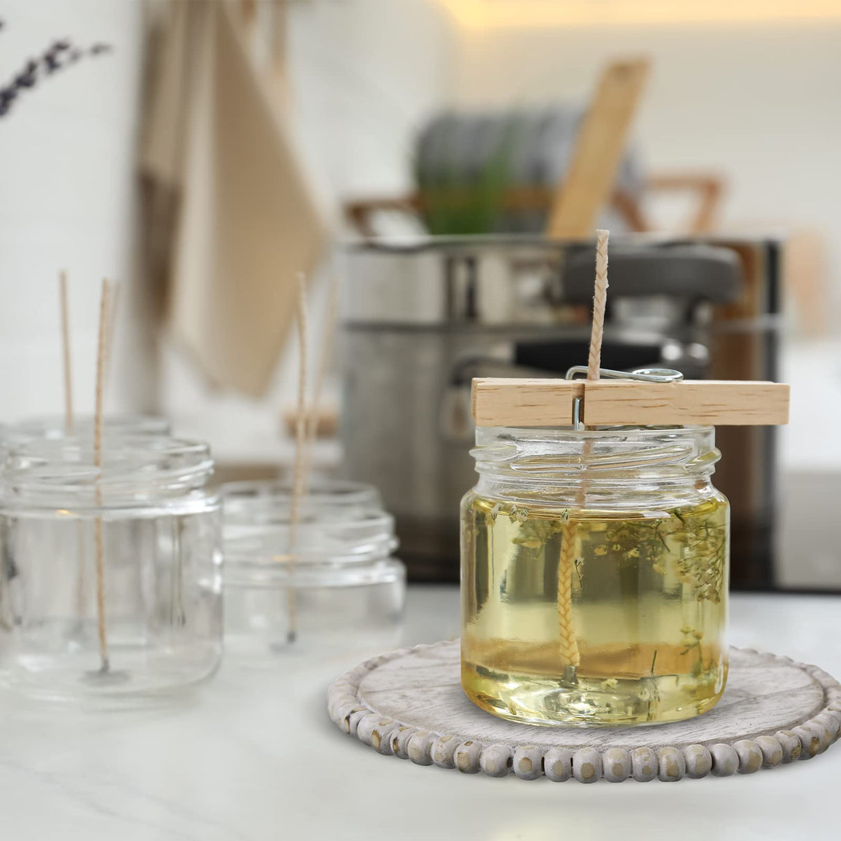 4 Pieces Wood Beaded Coasters 3.9 Inch Round Rustic Farmhouse Coasters Wooden Coasters for Drinks Decorative Table Top Coasters Wood Bar Coaster Set for Housewarming Home Kitchen (Beige) Honeydak