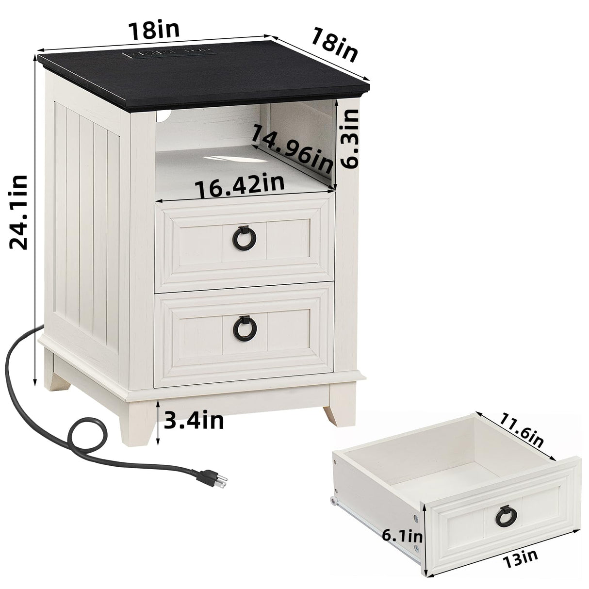 Joaxswe 18" Farmhouse Night Stand with Charging Station, 2 Drawers End Table Dresser for Bedroom, White Wooden Nightstand, Bed Side Table with Open Shelf, Bedside Cabinet for Living Room, Closet Joaxswe
