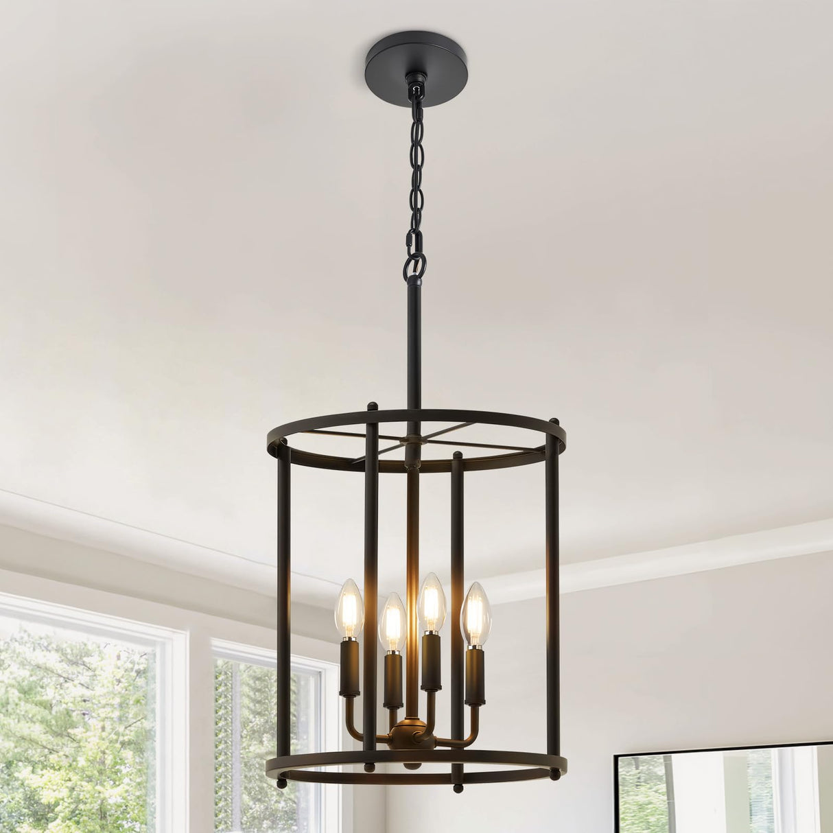 Luvkczc 4-Light Black Chandelier, Industrial Black Lantern Ceiling Light Fixtures with Rustic Metal Cage Adjustable Height Farmhouse Geometric Hanging Light for Kitchen Island, Dining Room, Entryway Luvkczc