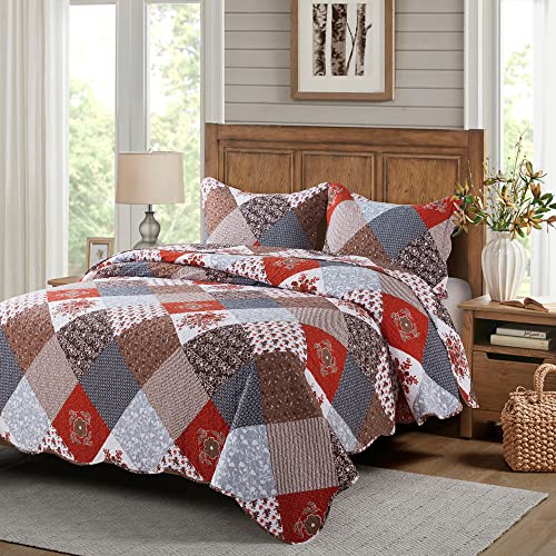 Travan Floral Printed Quilt Sets 3-Piece Super Soft Lightweight Queen Size Bedspread with Shams Reversible Quilted Bedding Set, Red, Queen Travan
