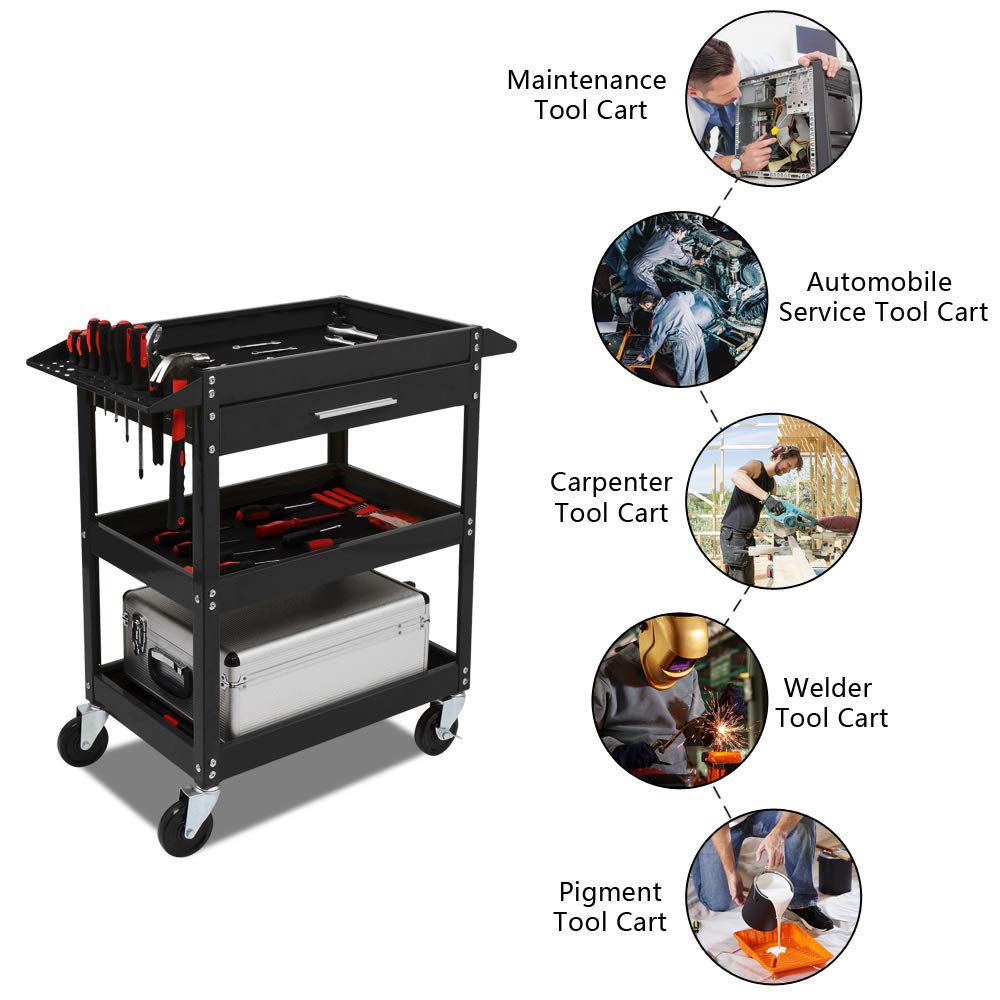 TUFFIOM 3 Tier Rolling Tool Cart with Drawer, Tool Service Cart on Wheels w/2 Brake, 330 LBS Capacity Industrial Heavy Duty Utility Cart, Tool Organizer for Mechanic, Garage, Warehouse & Repair Shop TUFFIOM